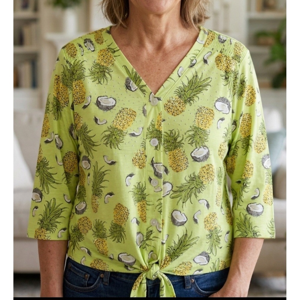 Onque Casual women's pineapple print button-up top with 3/4 sleeves Size Plus 2X